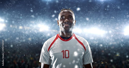 Soccer player celebrates a victory on the professional stadium while it’s snowing.