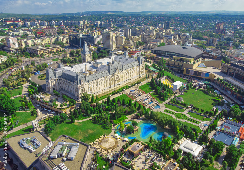 Iasi city view of Culture Palace. Aerial scene, Romania