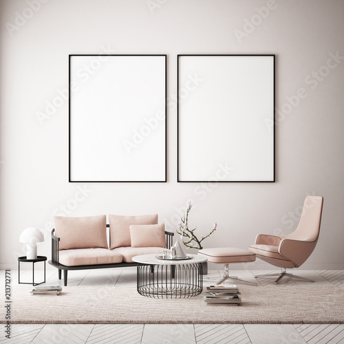 Two posters in hipster interior background,
copy space poster, 3d render, 3d illustration
 photo