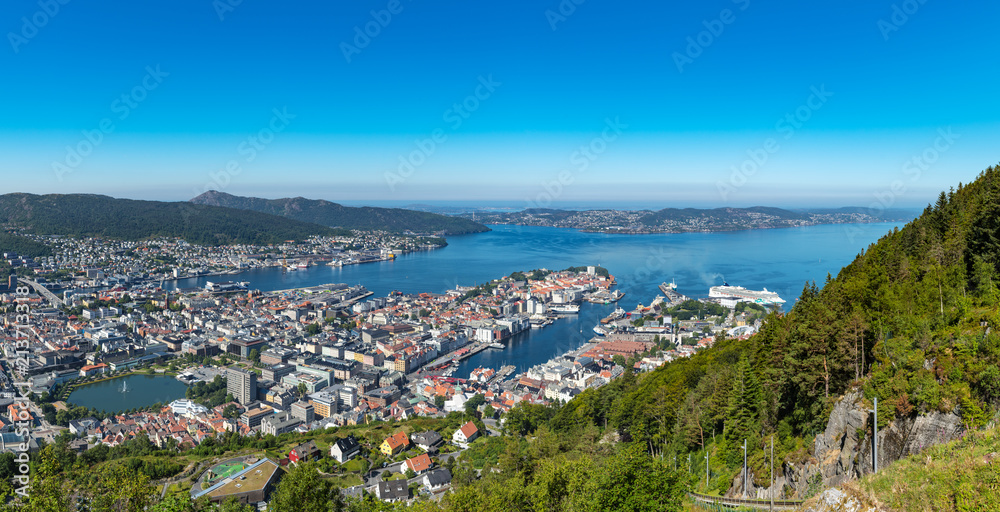 Panoramic shot from Mount Floyen ( Floibannen ) in the Norwegian city of Bergen. Hordaland, Norway, Europe.