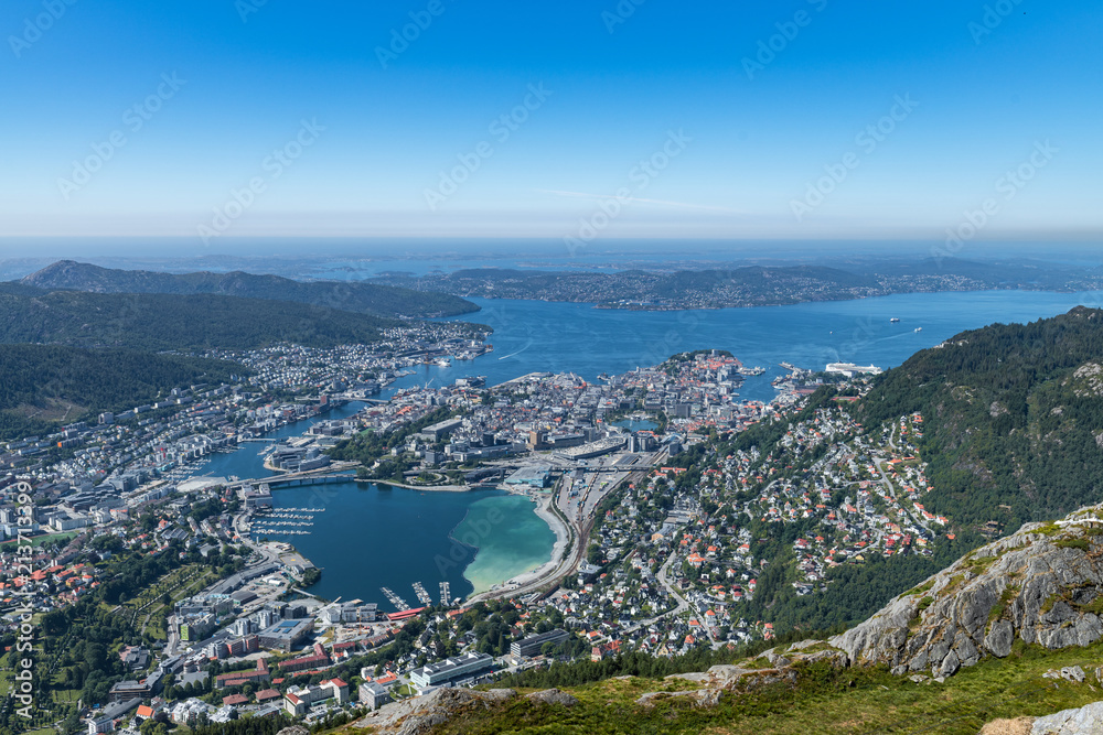 View from Mount Ulriken in the Norwegian city of Bergen. Hordaland, Norway, Europe.