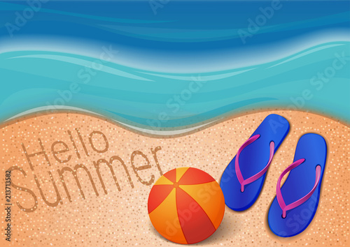 Summer background with the sea, beach, ball, flip flops and the inscription on the sand. Hello Summer. Design for the summer season. Vector illustration