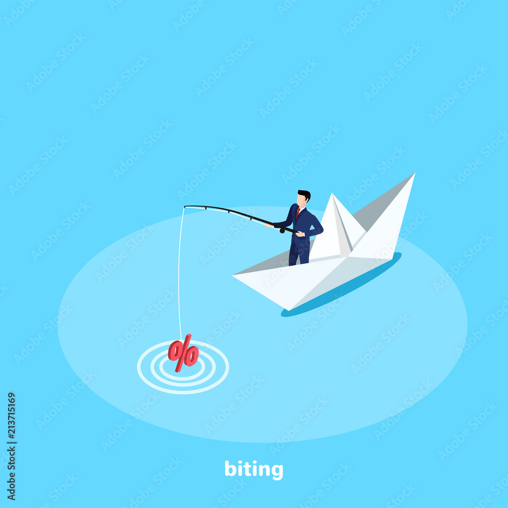 a man in a business suit stands with a fishing rod in a paper boat, an isometric image a man in a business suit stands with a fishing rod in a paper boat, an isometric image