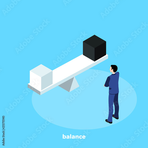 a man in a business suit watch at the balance  scales, an isometric image