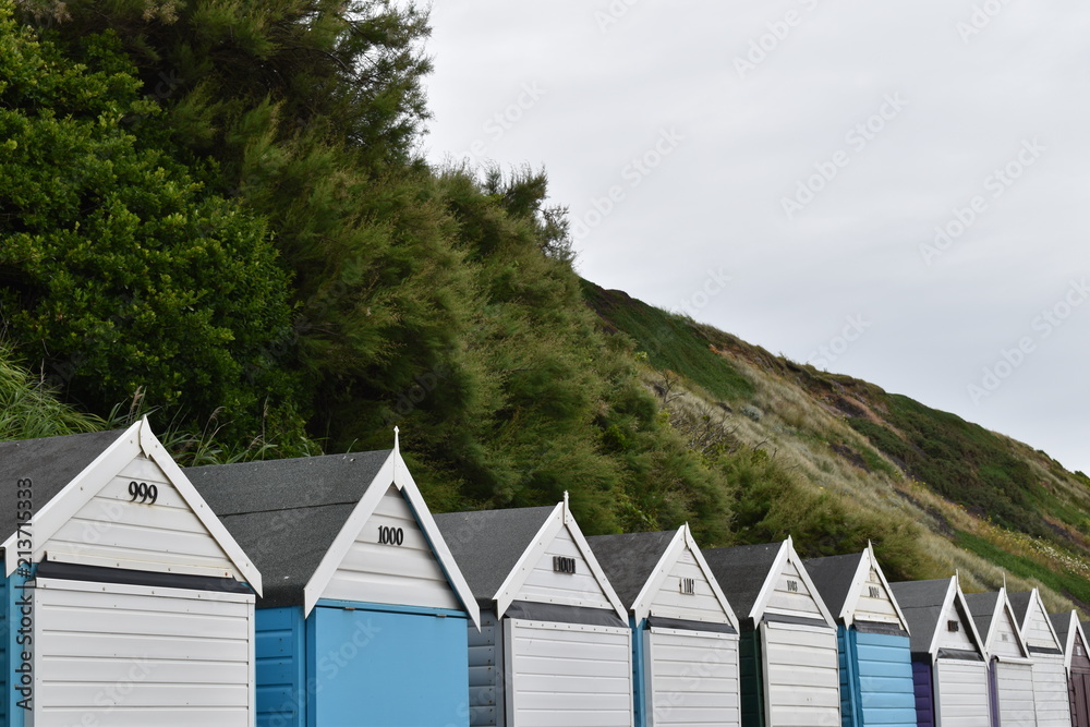 View of Bournemouth beach huts from pier, England, June, 2018