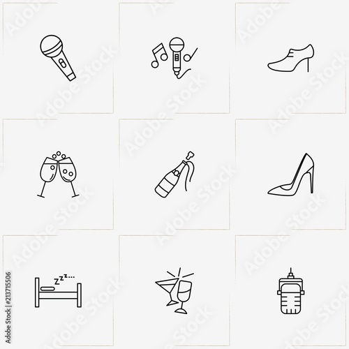 Wedding line icon set with lady shoe , bed and microphone