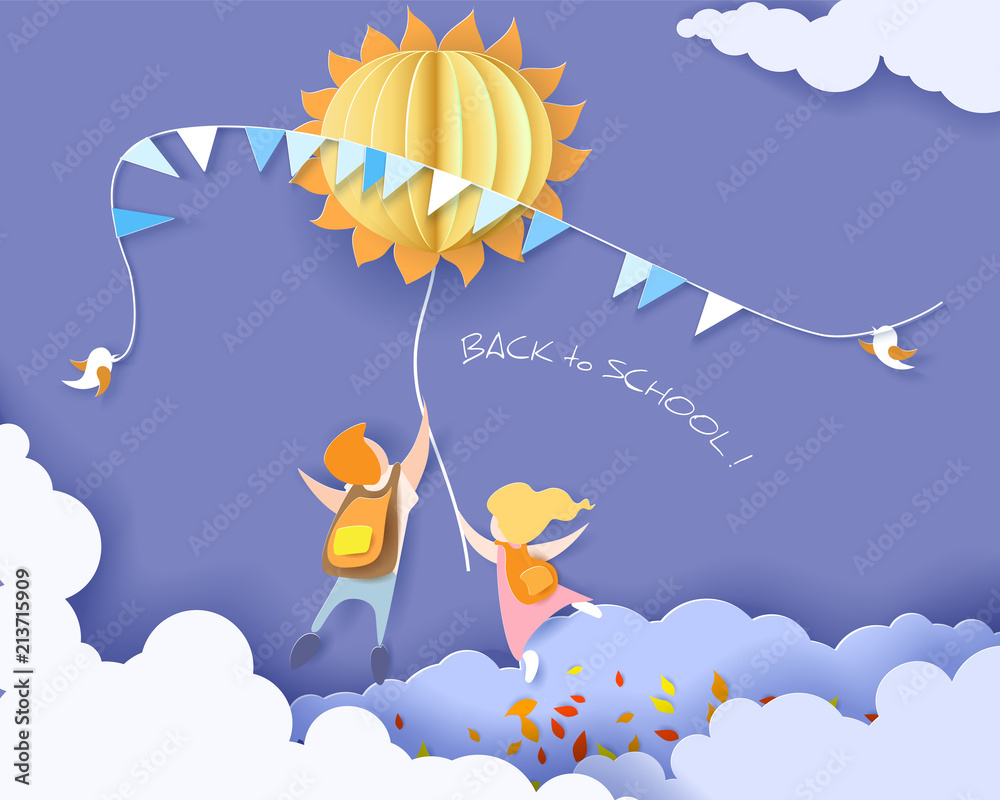 Back to school 1 september card with kids, leaves and sun on blue sky background. Vector illustration. Paper cut and craft style. - obrazy, fototapety, plakaty 