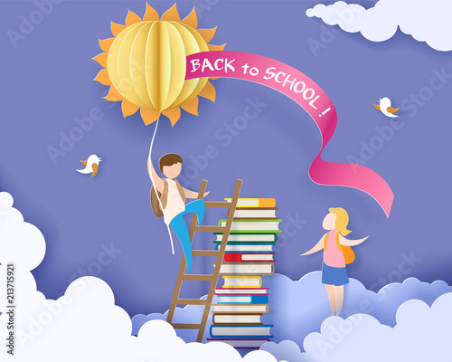 Back to school 1 september card with boy, books and sun on blue sky background. Vector illustration. Paper cut and craft style.