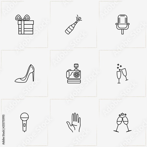 Wedding line icon set with microphone, lady shoe  and gift