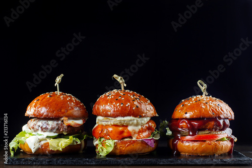 Set burgers with beef. On a black background-2