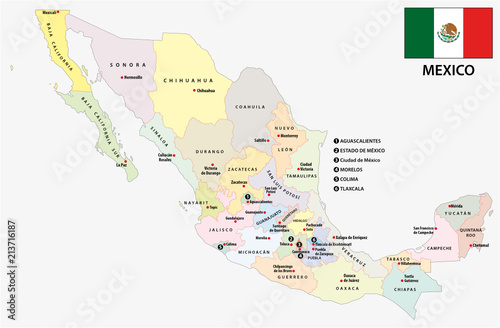 mexico administrative and political vector map with flag