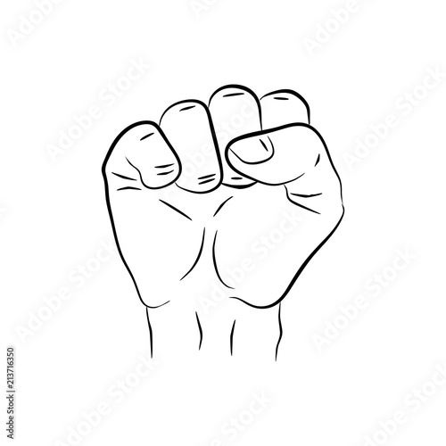 raised hand showing a fist, a symbol of strength and superiority, success, struggle for its dip, sketch black and white illustration, vector