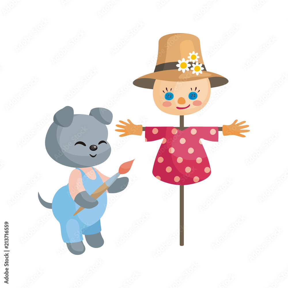 Fototapeta premium Cute puppy paints a scarecrow. Vector illustration in cartoon style isolated on a white background.