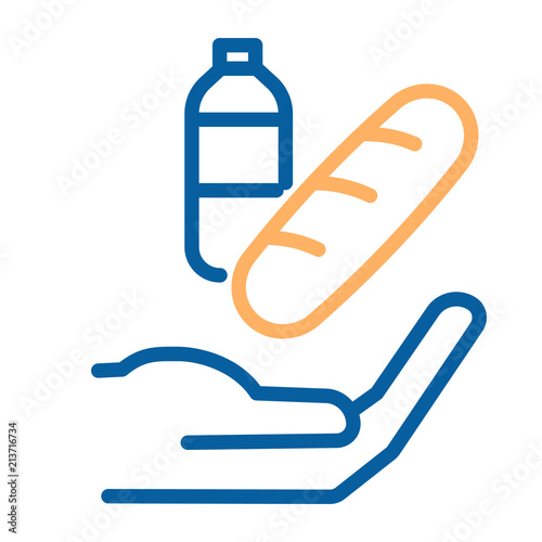 Hand offering bread and water icon. Vector thin line illustration. World hunger and poverty donation. Helping those in need with basic necessities, food and groceries.