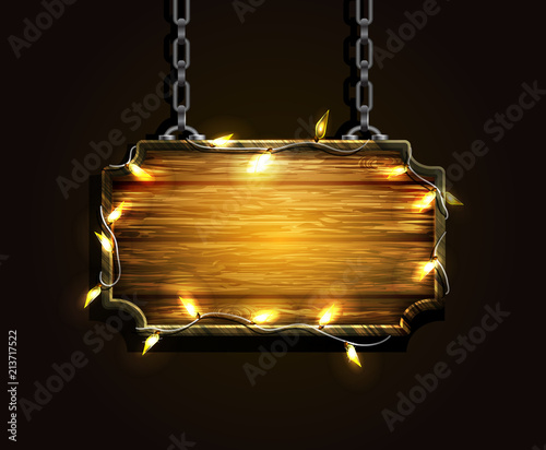 Blank wooden signboard hanging on chain isolated on white background