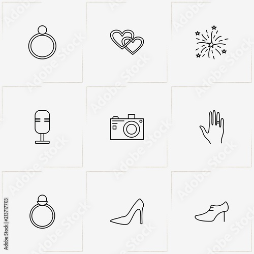 Wedding line icon set with hand, hearts and lady shoe