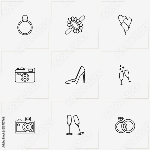 Wedding line icon set with ring, lady shoe  and balloons