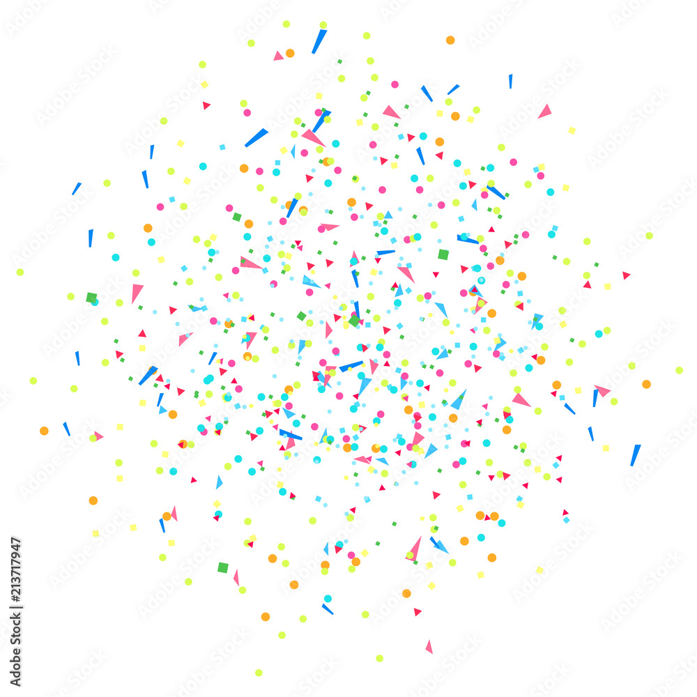 Multicolored confetti on white. Geometrical background with glitters. Pattern for design. Print for flayers, posters, banners and textiles. Greeting cards. Luxury texture