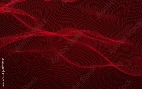 Abstract landscape on a red background. Cyberspace grid. Hi-tech network. 3D illustration