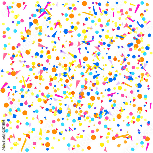 Bright explosion. Multicolored pattern with random falling colored confetti on white background. Texture with glitters for design. Greeting cards. Print for polygraphy, posters, banners and textiles