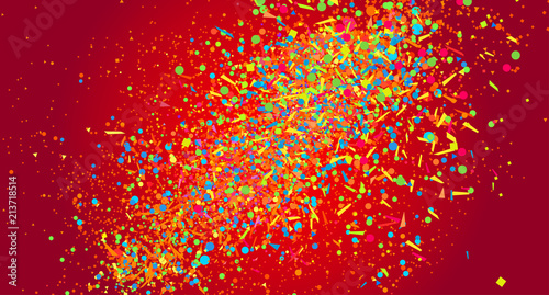 Bright explosion. Firework. Texture with random geometric glitters. Geometric background with confetti. Pattern for design. Print for banners, posters and textiles. Greeting cards