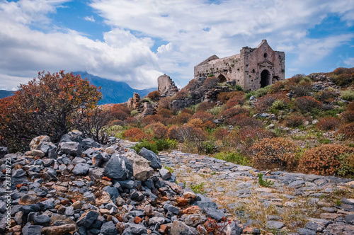 Ruins of Agios Georgios church in Venetian fort on Imeri Gramvousa Island near island of Crete, Greece photo