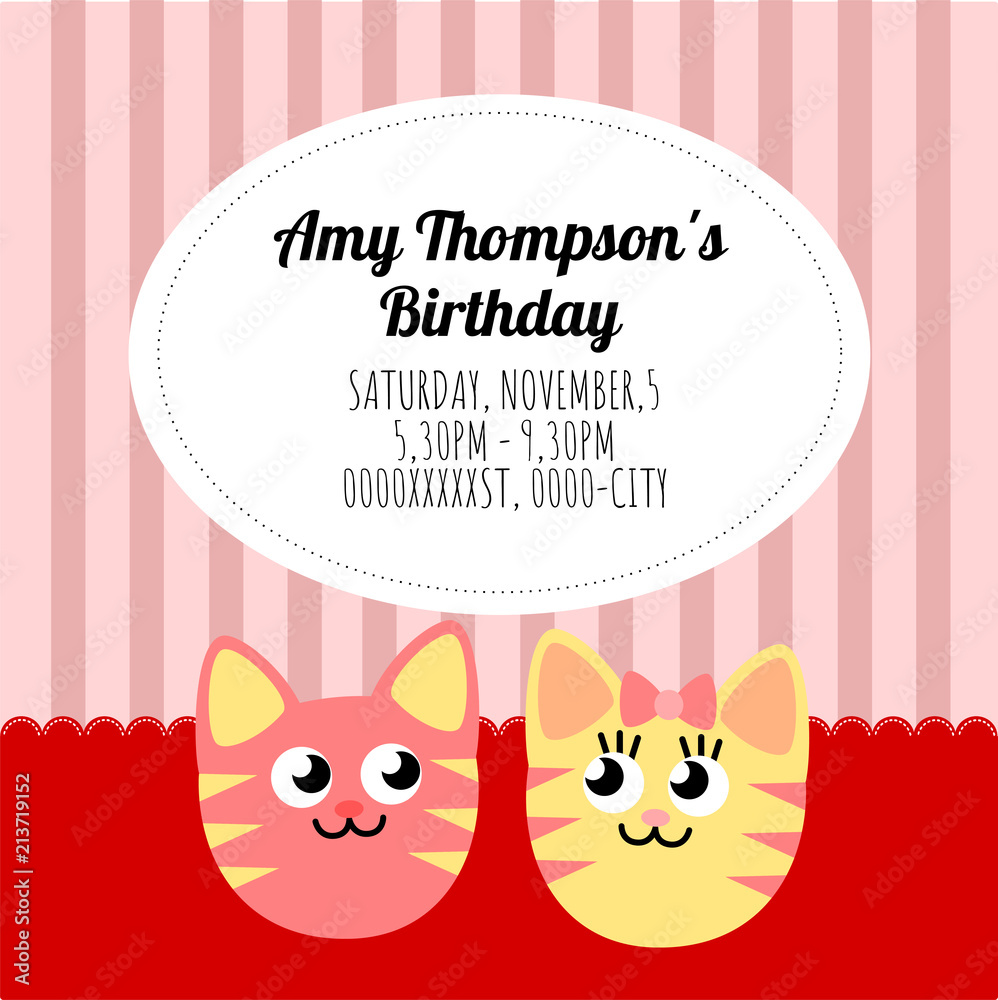 Cute card template of a birthday invitation with two cats Cute card template of a birthday invitation with two cats