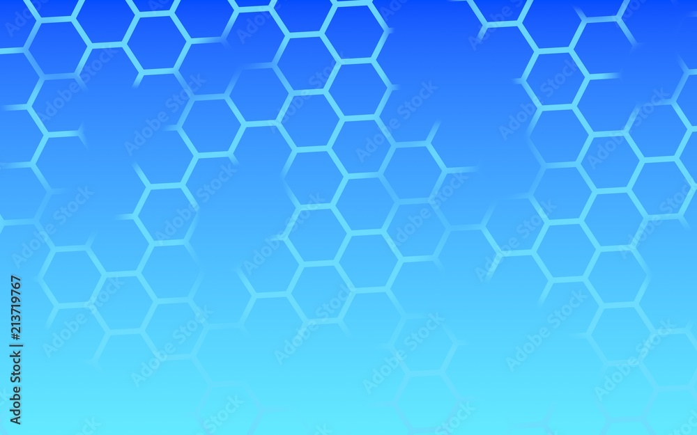 Translucent, with breaks, honeycomb on a gradient blue sky background. Perspective view on polygon look like honeycomb. Isometric geometry. 3D illustration Translucent, with breaks, honeycomb on a gradient blue sky background. Perspective view on polygon look like honeycomb. Isometric geometry. 3D illustration