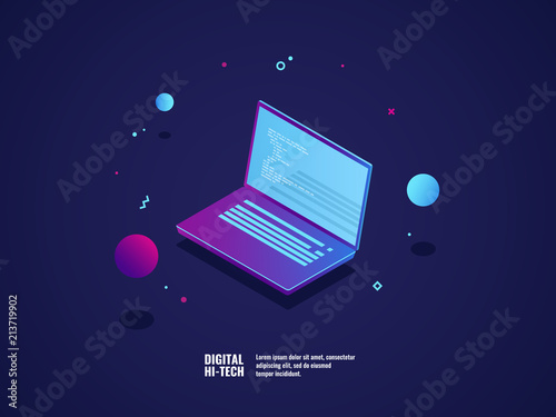 Programming of application and software development concept, laptop with program code on screen, vector illustration isometric neon dark