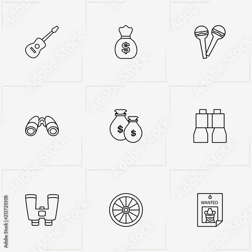Wild West line icon set with maraca, binocular and guitar