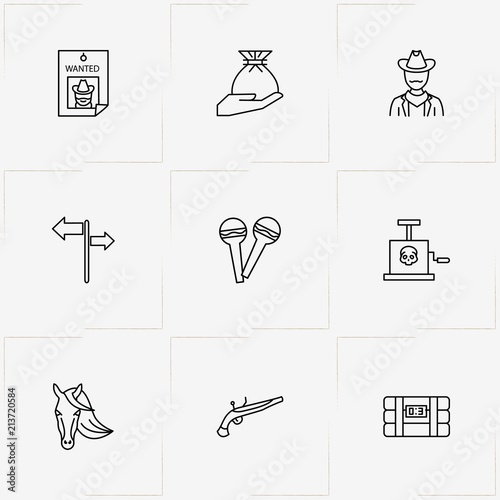 Wild West line icon set with wanted , maraca and horse