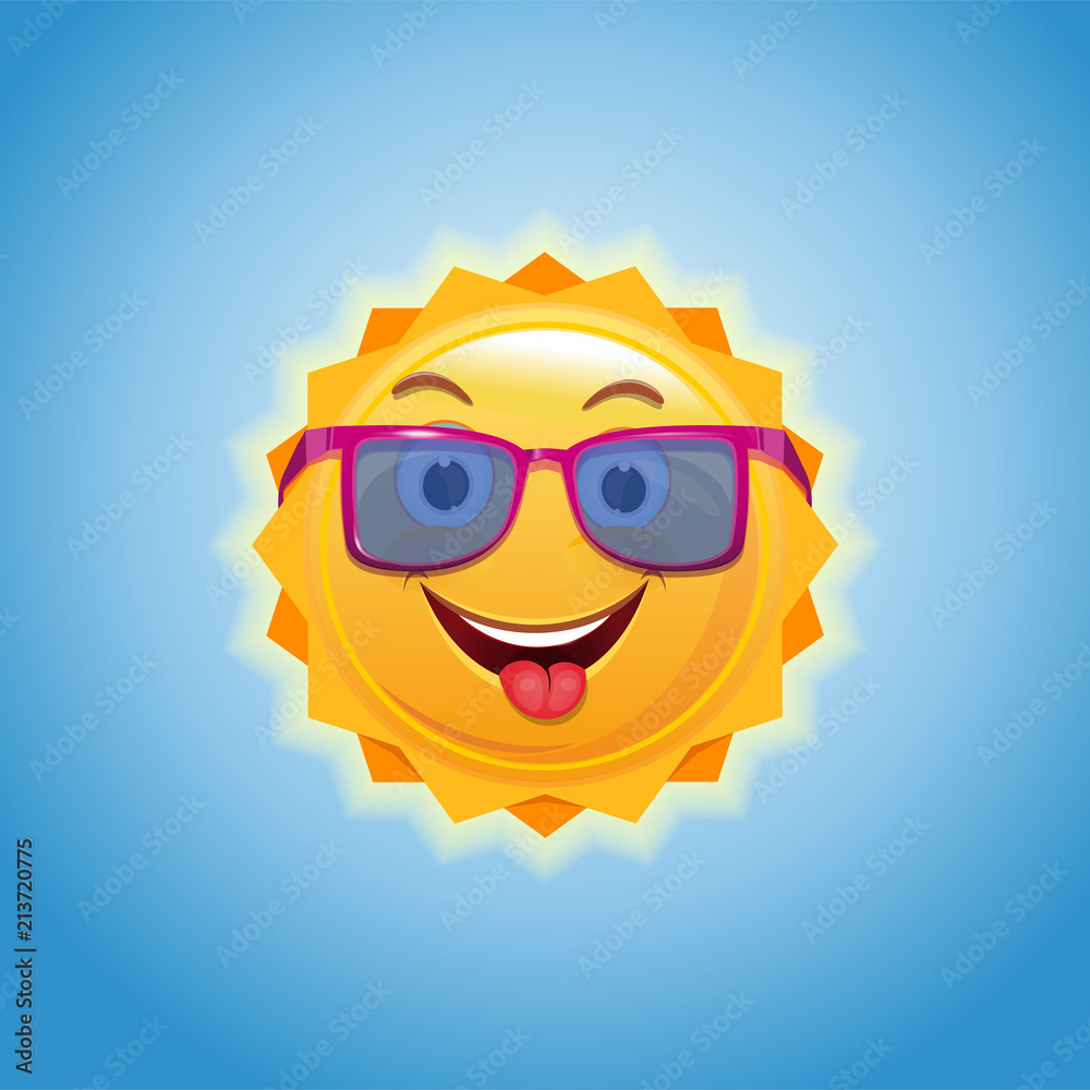 Happy smiling sun in pink sunglasses. Cute cartoon sun laughs and shows tongue. Vector illustration