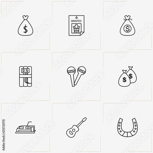Wild West line icon set with wanted , maraca and money bag
