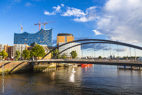 Speicherstadt district with Elbphilharmonie building in Hamburg