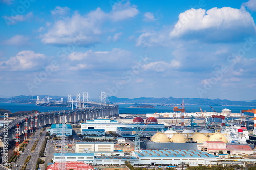 Seto Ohashi Bridge and industrial complex in seto inland sea,kagawa,shikoku,japan