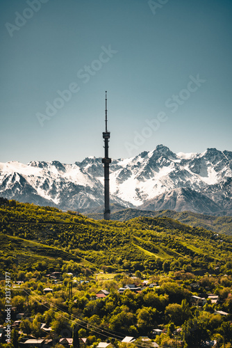 Almaty City landscape with kok tobe snow-capped Tian Shan mountains in Almaty Kazakhstan