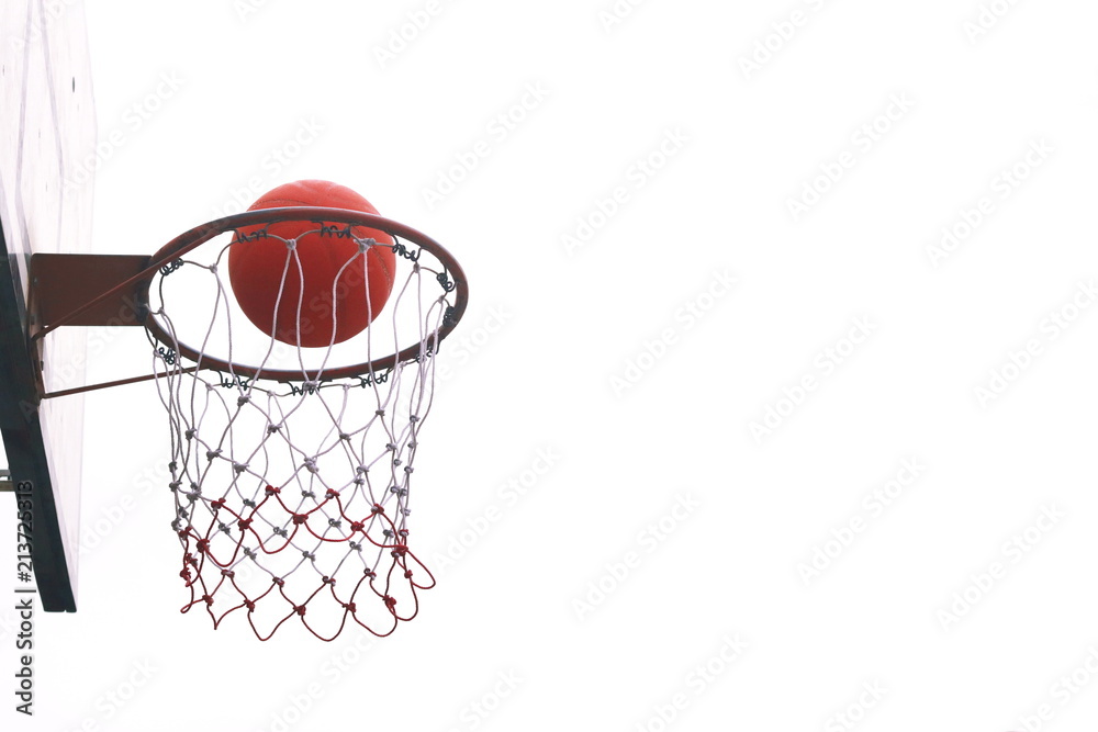 Basketball on iron loop and net. Basketball on isolated background. 