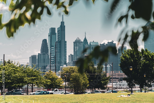 Photography Philadelphia Skyline with Greenery in Foreground From Drexel Park
