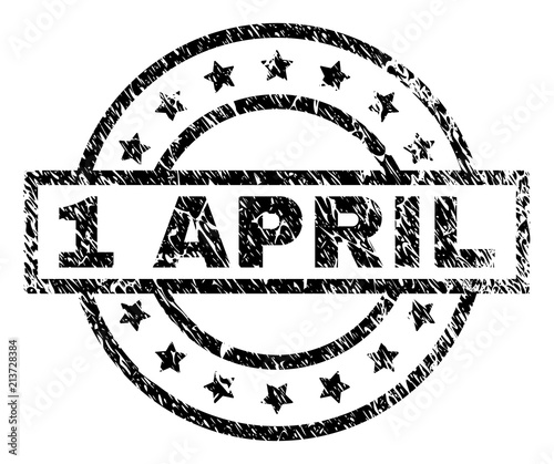 1 APRIL stamp seal watermark with distress style. Designed with rectangle, circles and stars. Black vector rubber print of 1 APRIL label with unclean texture.