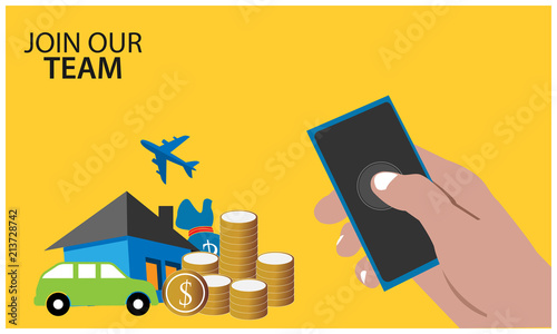 Join Our Team background with benefits gained from joining out team. The benefits are like: house, car, tour, salary, etc. Flat vector illustration.