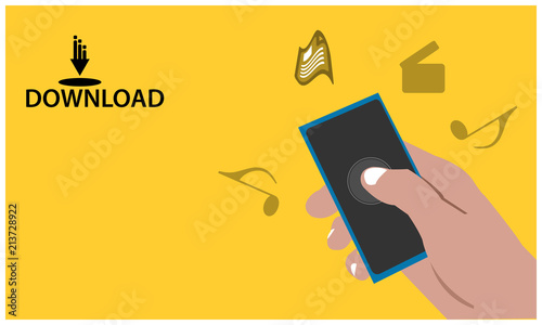 Download with hand held smartphone on the yellow background. Where to download music, document movies, etc. Flat vector illustration.