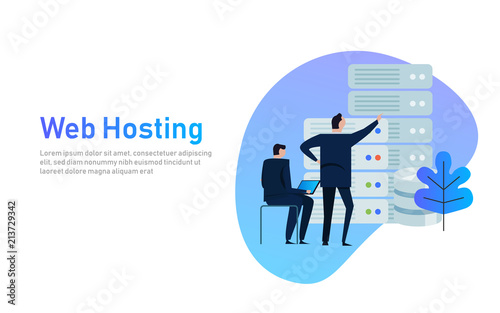 Data center design concept set with hosting servers icons isolated vector illustration. business man managing infrastructure of technology