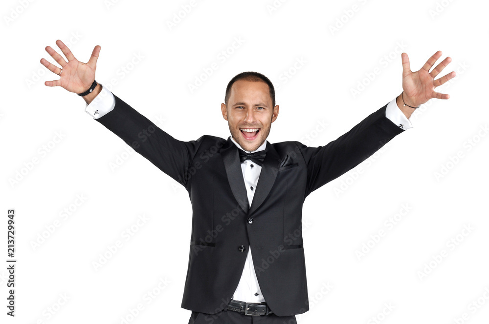 Serious man in a tuxedo on a white background.
Isolated picture of the agent.
Serious man in a tuxedo on a white background.
Isolated picture of the agent.