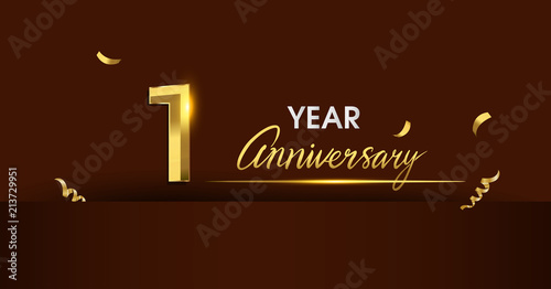 1 years anniversary celebration logotype. anniversary logo with golden color and gold confetti isolated on dark background, vector design for celebration, invitation card, and greeting card