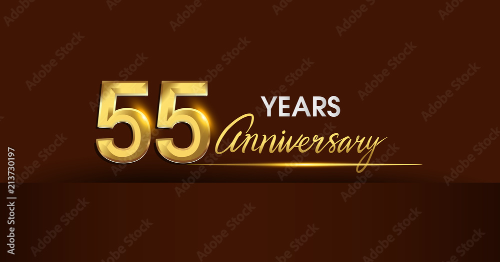 55 years anniversary celebration logotype. anniversary logo with golden color and gold confetti isolated on dark background, vector design for celebration, invitation card, and greeting card