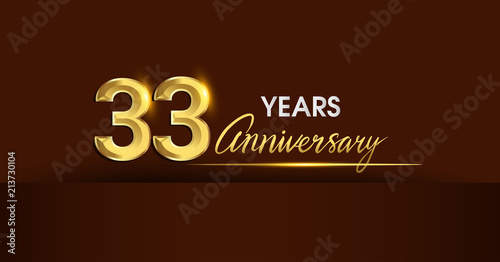 33 years anniversary celebration logotype. anniversary logo with golden color and gold confetti isolated on dark background, vector design for celebration, invitation card, and greeting card