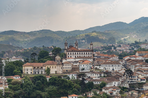 Panoramic view of the old colonial city of Ouro Preto among the mountains in Minas Gerais, Brazil
