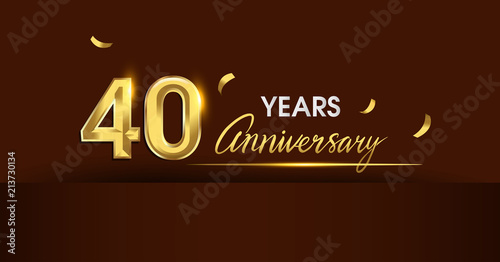 40 years anniversary celebration logotype. anniversary logo with golden color and gold confetti isolated on dark background, vector design for celebration, invitation card, and greeting card