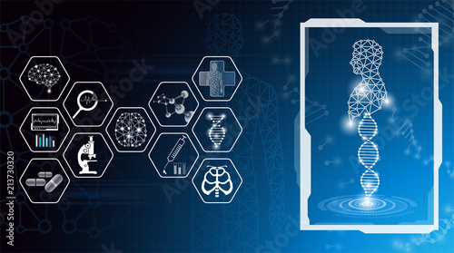 abstract background technology concept in blue light,brain and human body heal ,technology modern medical science in future and global international medical with tests analysis clone DNA human