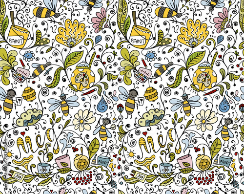 Abstract floral pattern with bees, sketch for your design